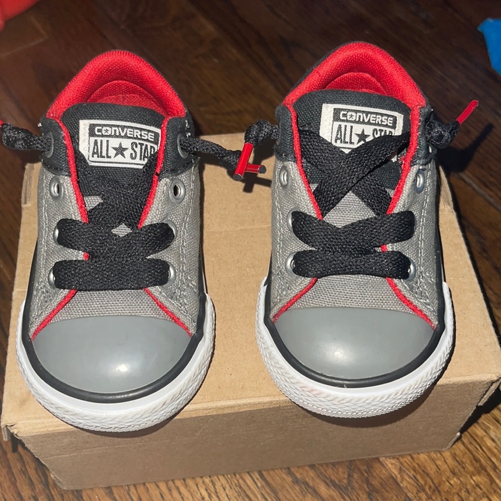 Grey, red, black baby converse